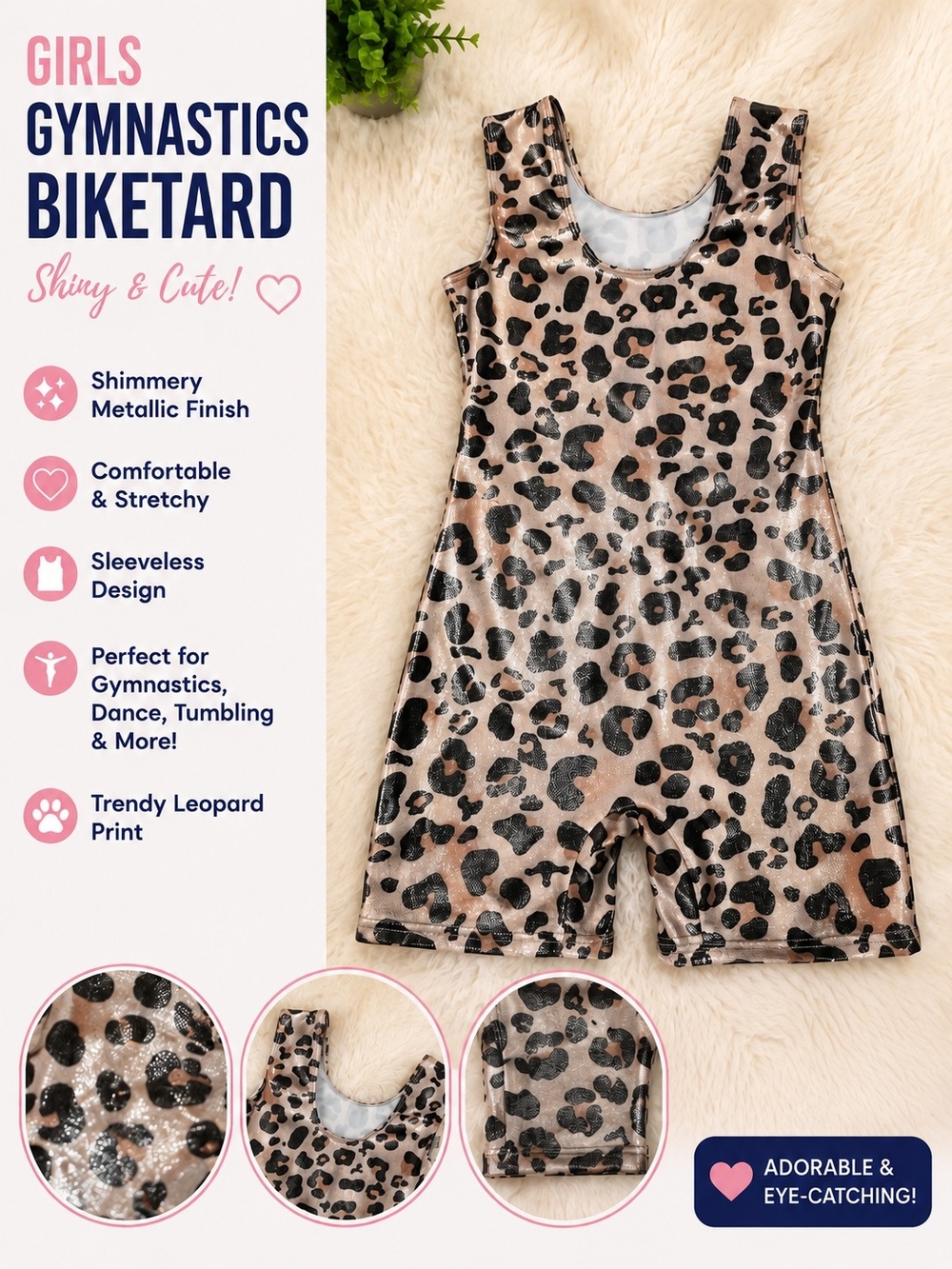 Girls Leopard Shimmery Gymnastics Biketard - Pink Metallic